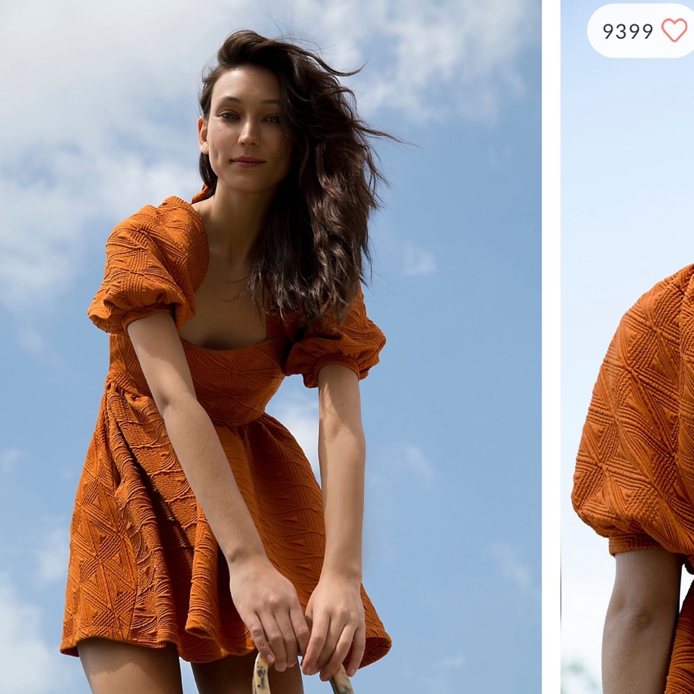 Free People Rust Orange Textured Puff-Sleeve Mini Dress
